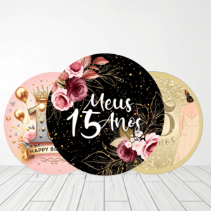 CAPA PAINEL REDONDO 15 ANOS | TECIDO PREMIUM  | VÁRIOS MODELOS - 1.50X1.50M E 50X50CM Tecido: Helanca 1.50x1.50m E 50X50cm    