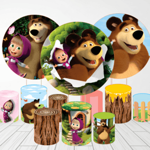 KIT CAPA PAINEL REDONDO E CILÍNDROS MASHA E O URSO | TECIDO PREMIUM  | VÁRIOS MODELOS. Tecido: Helanca     