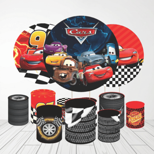KIT CAPA PAINEL REDONDO E CILÍNDROS CARROS MCQUEEN | TECIDO PREMIUM | VÁRIADOS MODELOS.