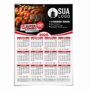 Calendário de parede Couchê 250g 210x297mm 4/0 BRILHO CORTE RETO 12 folhas destacáveis com os meses.
