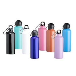 Squeeze Alumínio 500ml ALUMÍNIO 500ml GRAVAÇÃO A LASER, DIGITAL, DTF UV Squeeze 500ml de alumínio com pintura metalizada, tampa rosqueável e acompanha um segundo bico com mosquetão (não é térmico).  