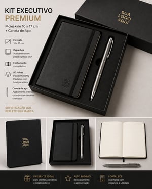 Kit Moleskine - PREMIUM - Capa dura cartonada - 10x17cm - Personalizada - 80 folhas - 1x1 cor  +  caneta + caixa - 10 unidades
