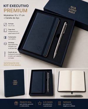 Kit Moleskine - PREMIUM - Capa dura cartonada - 10x17cm - Personalizada - 80 folhas - 1x1 cor  +  caneta + caixa - 10 unidades