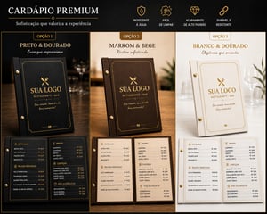 Cardapio em papel cartonado, revestido com papel impermeavel, com parafusos metalicos na lateral + 6 folhas internas Cartonado revestido com papel impermeavel + parafusos metalico + 6 folhas em papel couche 250 gramas laminanado F/V 220 x 310 mm Cores laminado frente e verso Corte reto 