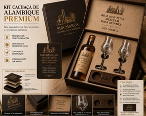 kit Cachaça de alambique - PREMIUM - personalizado - 2 taças tulipa degustação com haste personalizadas + base de madeira + cartão + caixa acartonada premium Caixa cartonada capa dura + brindes 36x26x10 cm colorida Laminação fosca frente cortes especiais IMAGEM ILUSTRATIVA