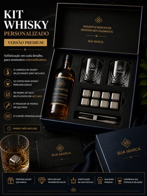 kit Whisky personaçizado - VERSÃO PREMIUM - 2 copos de whisky personalizados + oito pedras de gelo reutilizaveis (INOX) + 01 pegador de pedras aço inox + cartão + caixa + sacola Caixa cartonada capa dura + brindes 36x26x10 cm colorida Laminação fosca frente cortes especiais IMAGEM ILUSTRATIVA