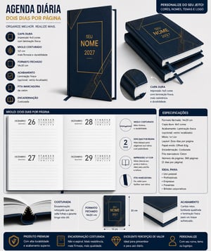 Agenda 14x21 cm, 02 dias por pagina, Capa dura 2mm 4x0, miolo padrão, 2027 com Costura - 10 unidade Capa e contra capa Dura com revestimento Papel Couche 170g 4x0 e Miolo com Papel Offset 75g 1x1 14x20 cm 4x0 Capa Dura Revestida com Papel Couche e laminação Fosca Corte Reto Enviar arte para a capa, Miolo com Costura