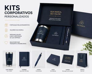 kit corporativo: Caneca personaliza + Molesquine + caneta personaliza + caixa + cartão + sacola Caixa cartonada capa dura + brindes 34x26x10 cm colorida - Laminação fosca frente cortes especiais IMAGEM ILUSTRATIVA