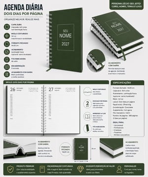 Agendas 14x20 cm, 01 dia por pagina, Capa dura 2mm 4x0, miolo padrão 2027, com Wire-o (GARRA) - 10 unidades Capa e contra capa Dura com revestimento Papel Couche 170g 4x0 e Miolo com Papel Offset 75g 1x1 14X20 cm 4x0 Capa Dura Revestida com Papel Couche e laminação Fosca Corte Reto, Wire-o Enviar arte para a capa, Wire-o