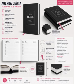 Agenda 14x21 cm, 01 dia por pagina - PREMIUM - Capa dura 2mm 4x0, miolo padrão, 2027 com Costura - 10 unidades Capa e contra capa dura com revestimento - PAPEL PREMIUM e Miolo com Papel Offset 75g 1x1 14x20 cm 4x0 Capa Dura Revestida com Papel Couche e laminação Fosca Corte Reto Enviar arte para a capa, Miolo com Costura