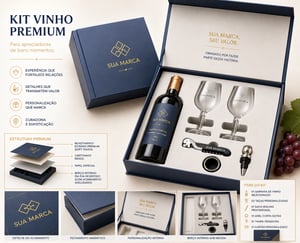 kit Vinho Premium: Garrafa de vinho (por conta do cliente) + 2 taças vidro + 1 saca rolha + 1 anel corta gotas + 1 tampa  + cartão Caixa cartonada capa dura + brindes 34x26x10 cm colorida Laminação fosca frente cortes especiais - IMAGEM ILUSTRATIVA
