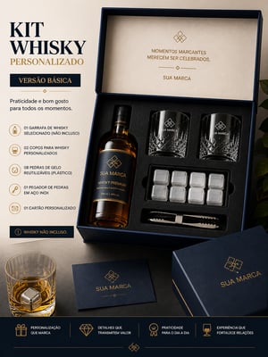 kit Whisky personalizado - VERSÃO BÁSICA - 2 copos de whisky personalizados + oito pedras de gelo reutilizaveis (plastico) + 01 pegador de pedras em aço inox + cartão + caixa + sacola Caixa cartonada capa dura + brindes 36x26x10 cm colorida Laminação fosca frente cortes especiais IMAGEM ILUSTRATIVA