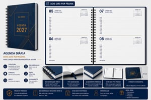 Agendas 14x20 cm, 02 dias por pagina, Capa dura 2mm 4x0, miolo padrão 2027, com Wire-o (GARRA) - 10 unidade Capa e contra capa Dura com revestimento Papel Couche 170g 4x0 e Miolo com Papel Offset 75g 1x1 14X20 cm 4x0 Capa Dura Revestida com Papel Couche e laminação Fosca Corte Reto, Wire-o Enviar arte para a capa, Wire-o