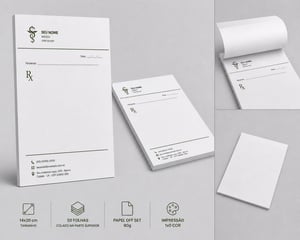Receituario Medico - 14x20 cm - 50 folhas - impressão frete - papel off set 90 gramas - 5 unidades Papel off set 14x20 cm 1x0 cor sem revestimento Corte reto IMAGEM ILUSTRATIVA