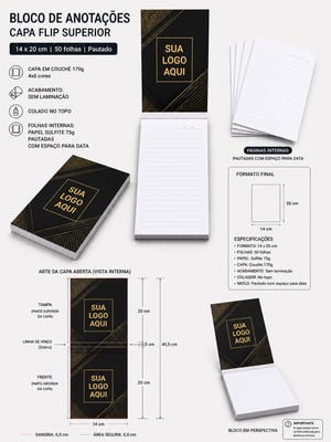 Kit blocos de anotação corporativo - PREMIIM - 50 folhas - impressão 1x0 cor - 20 unidade Capa papel couchê 170g e Offset 75g 14x20 cm 0x0 cor Tipo talão  