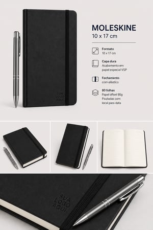 Moleskine - Capa dura cartonada - 10x17cm - Personalizada - 80 folhas + caneta - 1x1 cor  - 10 unidades      