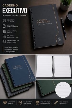 Caderno EXECUTIVO - PREMIUM - 210x297cm, Capa dura - cartonada - 100 folhas em offset 90g pautado, Wire-o ( garra ) Capa: Papel Espeiclal (cor) - miolo papel off set 90 gramas 210x297mm  Capa Dura: Laminação Fosca Corte Reto, Wire-o Enviar arte para a capa, Wire-o