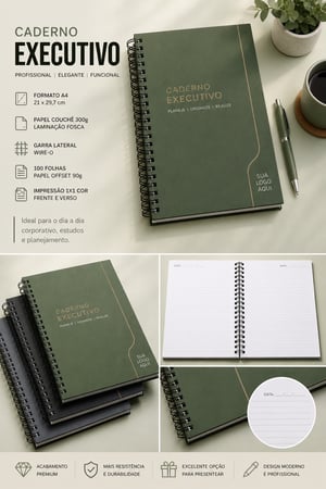 Caderno EXECUTIVO - PREMIUM - 210x297cm, Capa: Coucê 300 gramas, 100 folhas em offset 90g pautado, Wire-o ( garra ) Capa: Papel couchê 300 gramas + miolo papel off set 90 gramas 210x297mm  Laminação Fosca Corte Reto, Wire-o Enviar arte para a capa, Wire-o