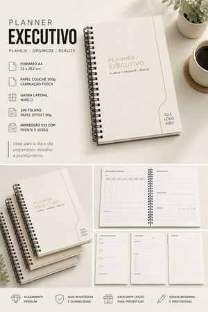 Planner EXECUTIVO - PREMIUM - 210x297cm, Capa: Coucê 300 gramas, 100 folhas em offset 90g pautado, Wire-o ( garra ) Capa: Papel couchê 300 gramas + miolo papel off set 90 gramas 210x297mm  Laminação Fosca Corte Reto, Wire-o Enviar arte para a capa, Wire-o