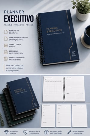Planner EXECUTIVO - PREMIUM - 210x297cm, Capa dura - cartonada - 100 folhas em offset 90g pautado, Wire-o ( garra ) Capa: Papel Espeiclal (cor) - miolo papel off set 90 gramas 210x297mm  Capa Dura: Laminação Fosca Corte Reto, Wire-o Enviar arte para a capa, Wire-o