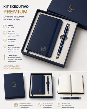 Kit Moleskine - PREMIUM - Capa dura cartonada - 14x20cm - Personalizada - 80 folhas - 1x1 cor  +  caneta + caixa - 10 unidades      