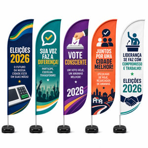WIND BANNERS PARA ELEIÇÕES ALUMÍNIO TECIDO 100% POLIÉSTER DUPLA-FACE P - M-G DUPLA-FACE | IMPRESSÃO ULTRA-HD EPSON ESTRUTURA DE FIBRA COSTURA EXTERNA COM LINHA BRANCA 