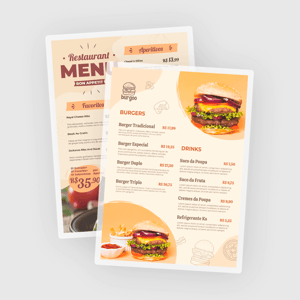 Cardápio Plastificado Papel Foto/Glossy 180g A4 (21X29CM) 4x4 cores (2 lados - frente/verso) Plastificação Rigida Corte reto 