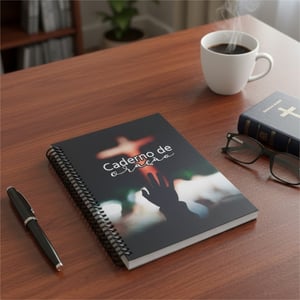 Caderno de Oração Miolo Off Set 75g 15,5x21,5cm Impressão Colorida Laminação Padrão Fechamento em Espiral 50 Folhas