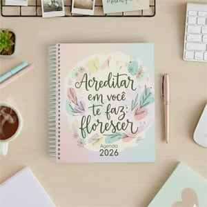 Agenda Acredite Miolo Off Set 75g 18x21cm Impressão Colorida Capa Dura Laminada Fechamento em Espiral 