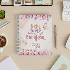 Agenda Forte e Corajosa - Flores Miolo Off Set 18x21cm Impressão Colorida Capa Dura Laminada Fechamento em Espiral 