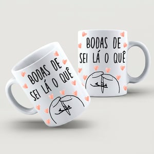 Caneca Bodas de Sei Lá Cerâmica Branca  Estampa Colorida  Brilho 325ml