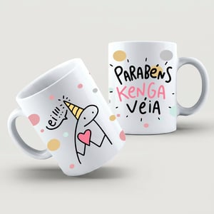 Caneca Parabéns Véia Cerâmica Branca  Estampa Colorida  Brilho 325ml