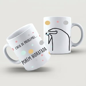 Caneca Porém Hidratada Cerâmica Branca  Estampa Colorida  Brilho 325ml