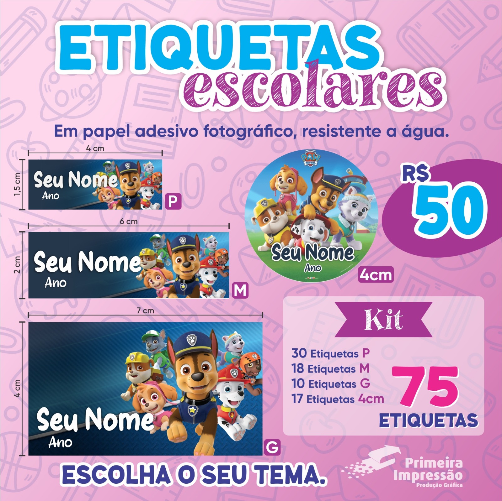 Kit 70 Etiquetas Escolares Personalizadas