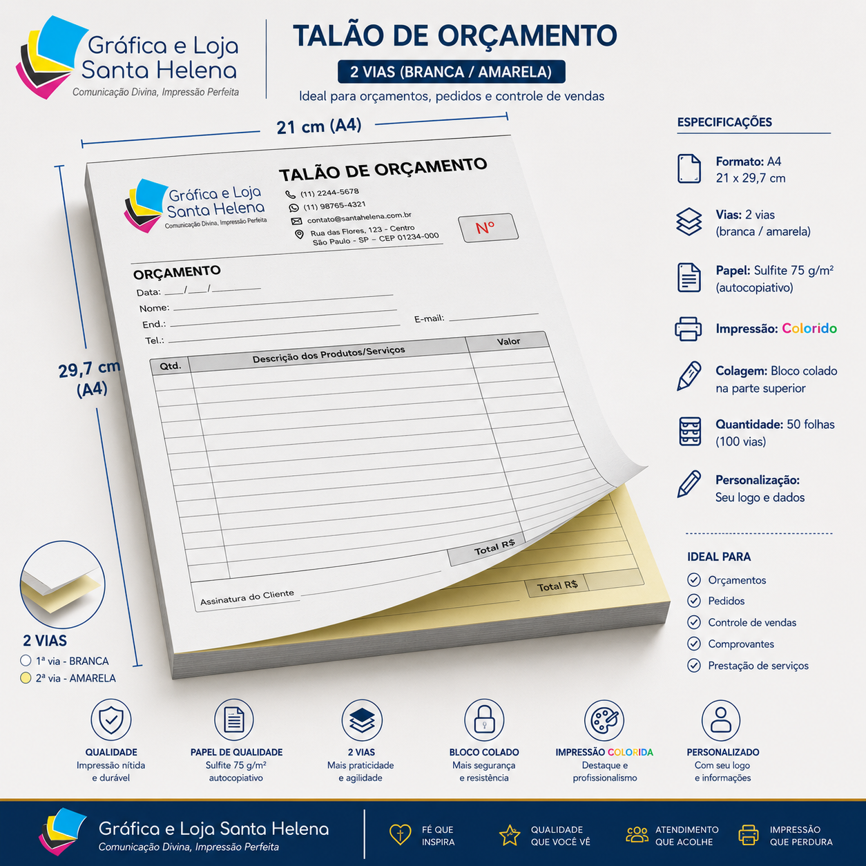 Talão A4 21 x 29,7 cm - Colorido - 2 Via -50x2 folhas - Sulfite 75g