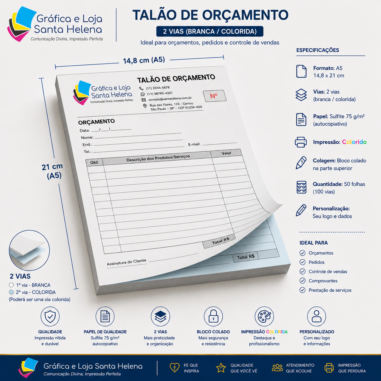 Talão A5 14,8 x 21 cm - Colorido - 2 Via -50x2 folhas - Sulfite 75g
