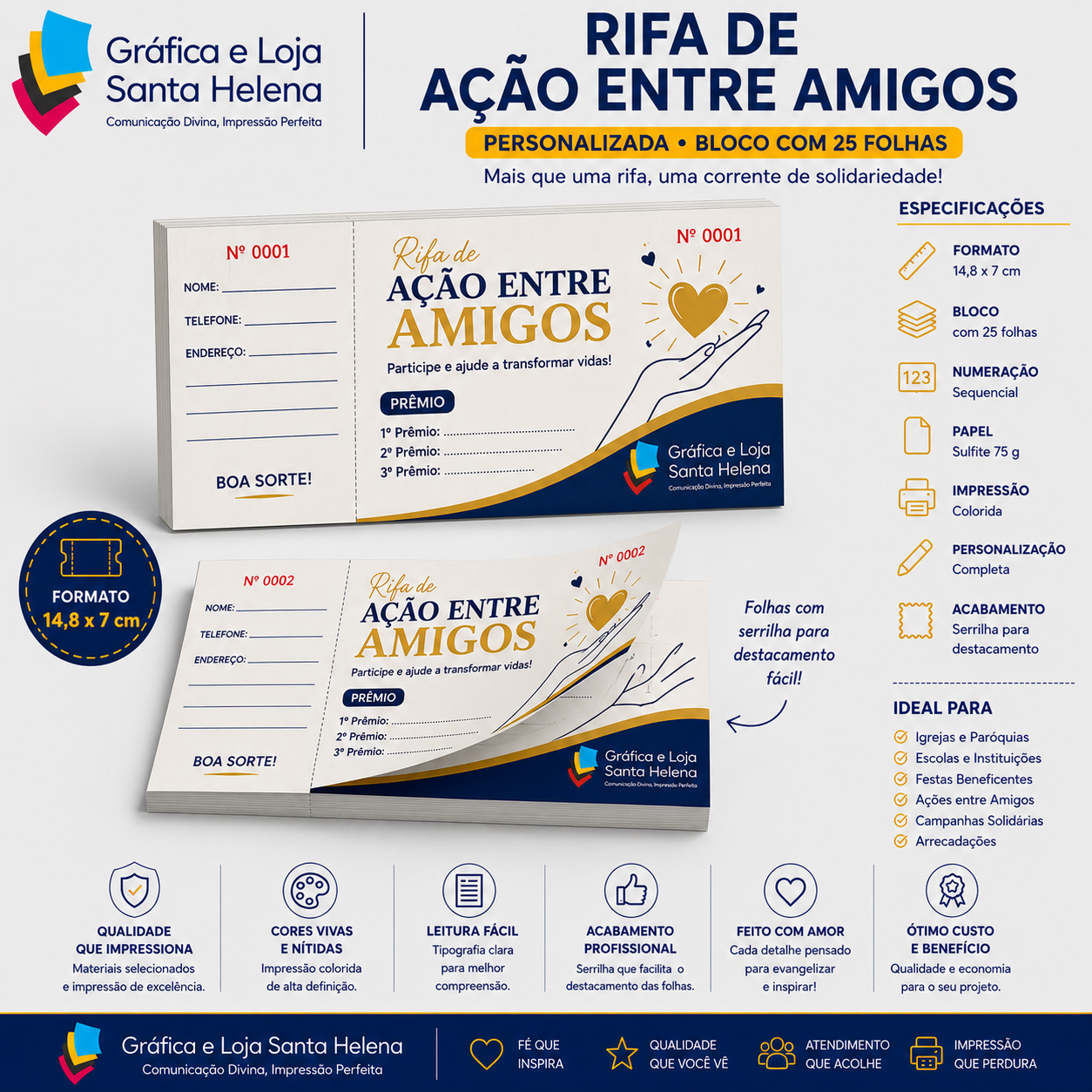 Rifa de Ação entre Amigos - 14,8 x 7 cm - Personalizada - Bloco c/ 25 folhas