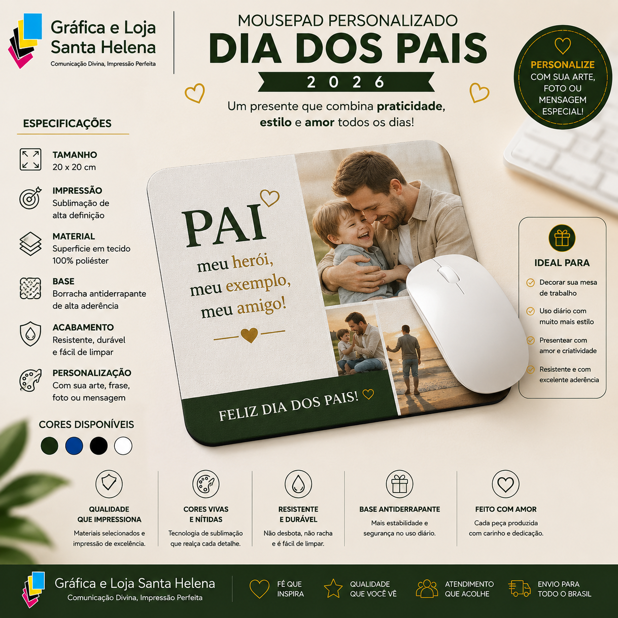 Mausepad 20x20 cm Personalizada - Dia dos Pais