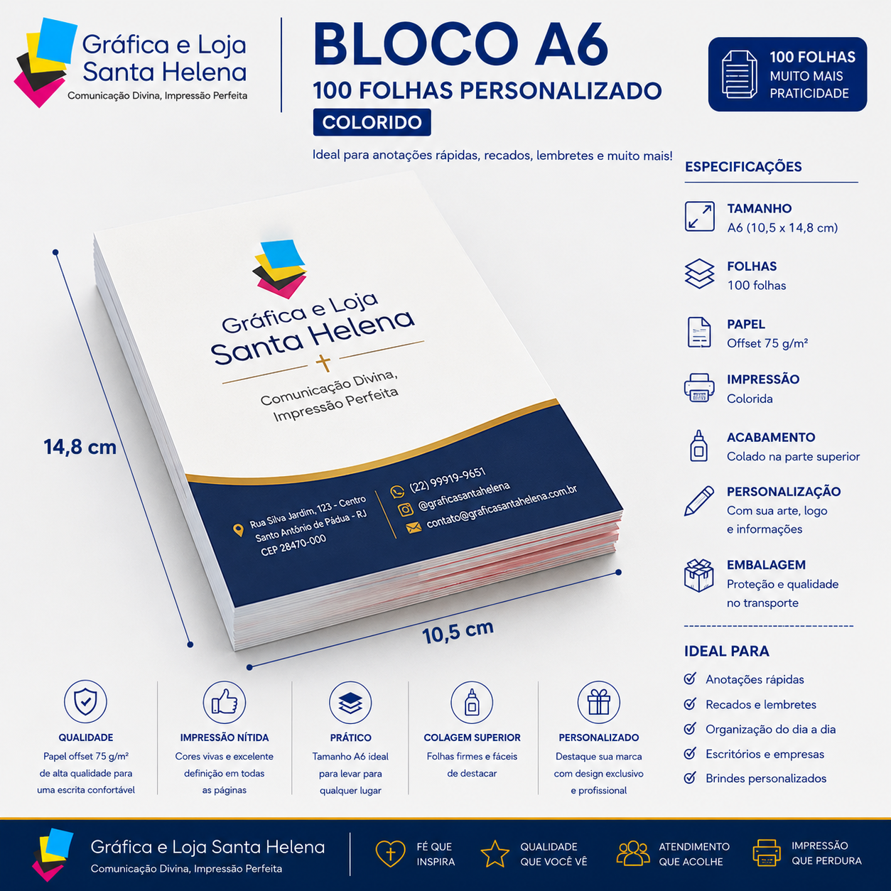 Bloco A6 10x14,8 cm - Impressão Colorida - Personalizado - 100fls