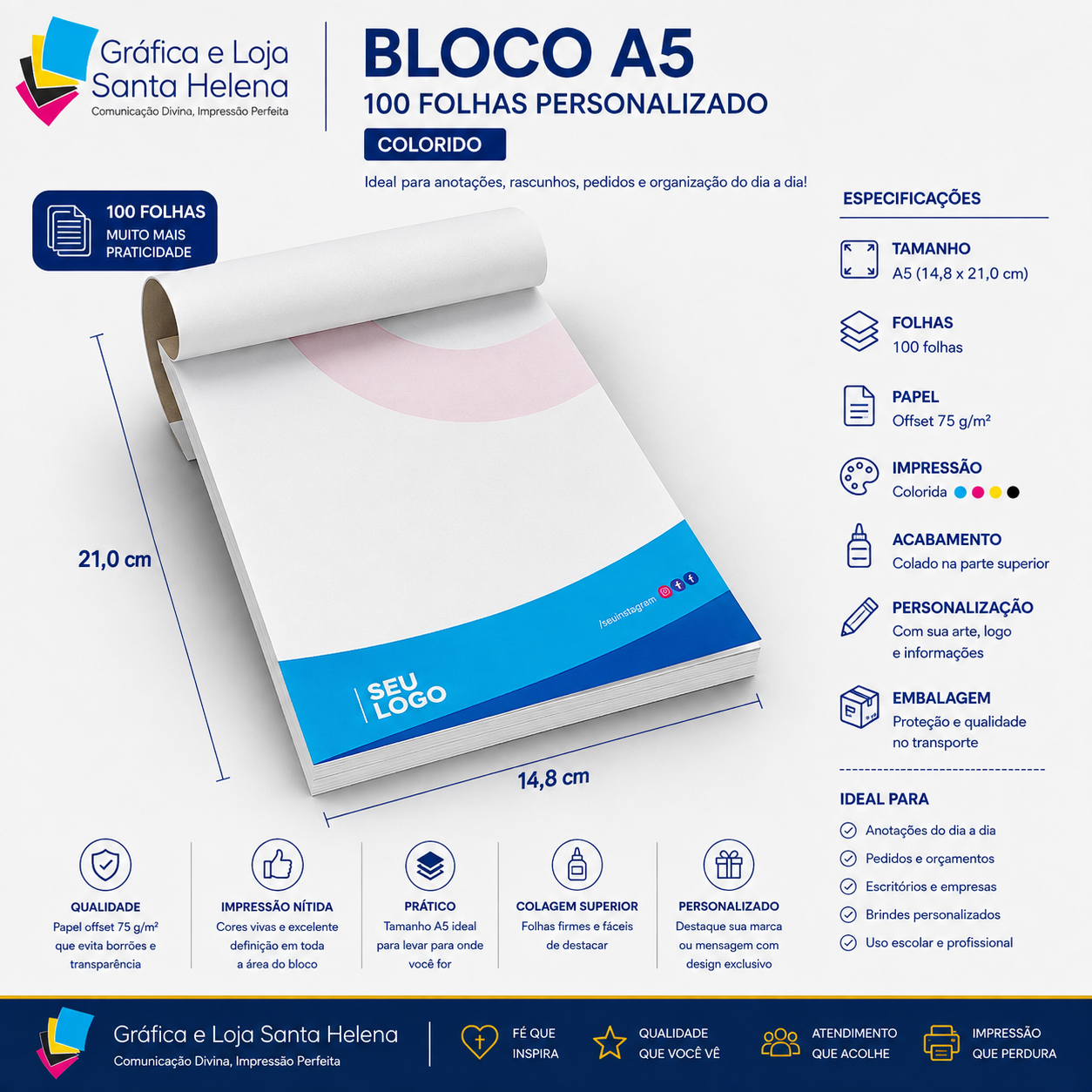 Bloco A5 10 x 14,8 cm - impressão Colorida - Personalizado - 100fls