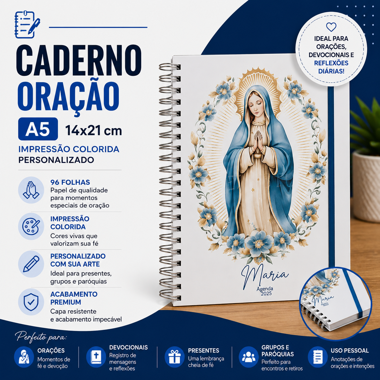 Caderno Oração c/ Capa A5 14x21 cm - Impressão Colorida - Personalizado - 96fls