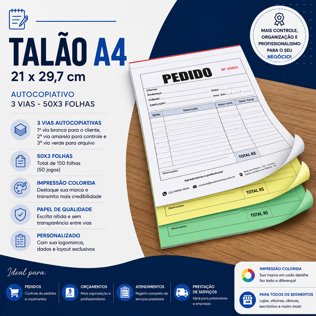 Talão A4 21 x 29,7 cm - Colorido - 3 Via -50x3 folhas - Autocopiativo