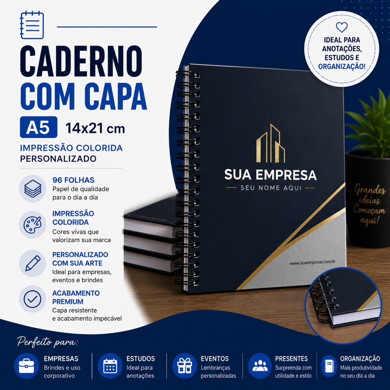 Caderno c/ Capa A5 14x21 cm - Impressão Colorida - Personalizado - 96fls