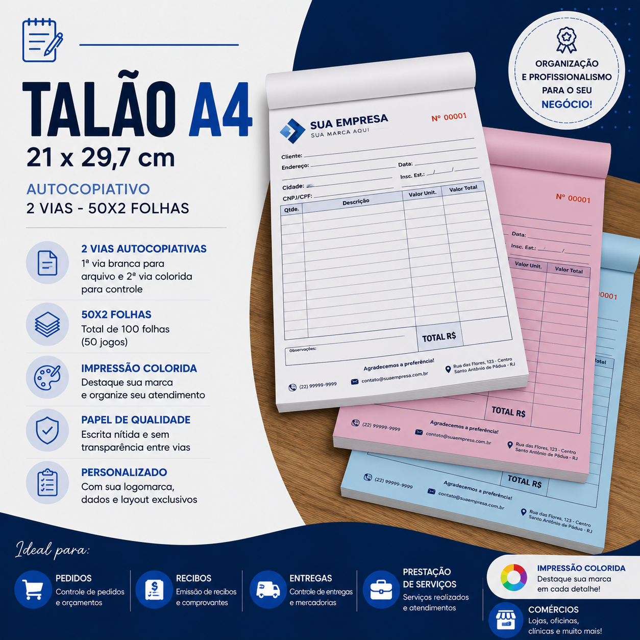 Talão A4 21 x 29,7 cm - Colorido - 2 Via -50x2 folhas - Autocopiativo