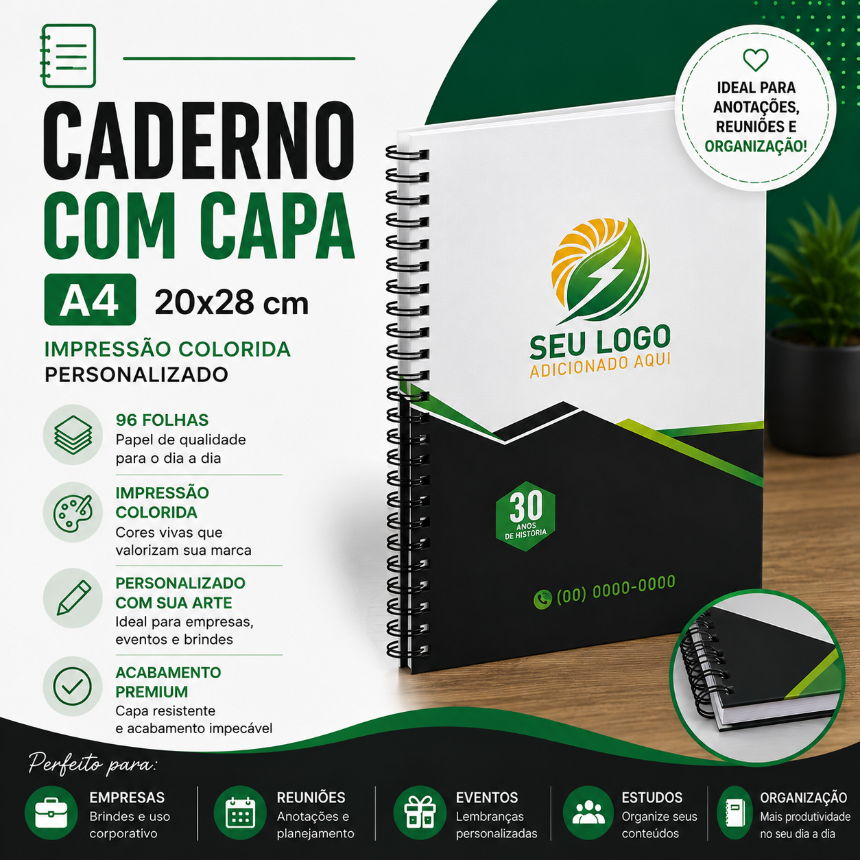Caderno c/ Capa A4 20x28 cm - Impressão Colorida - Personalizado - 96fls