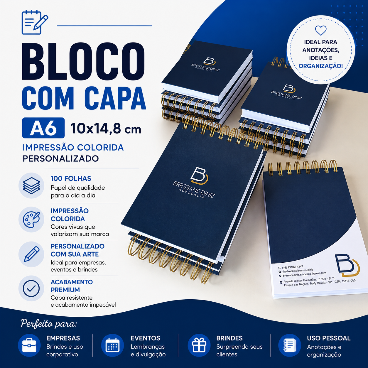 Bloco c/ Capa A6 10x14,8 cm - Impressão Colorida - Personalizado - 100fls