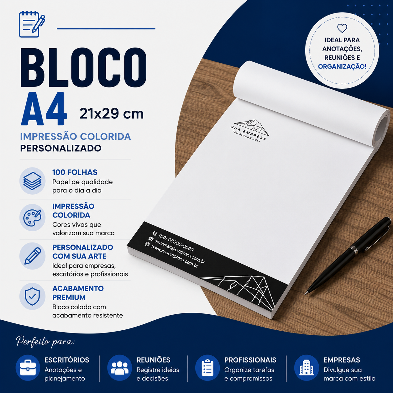 Bloco A4 21x29 cm - impressão Colorida - Personalizado - 100fls