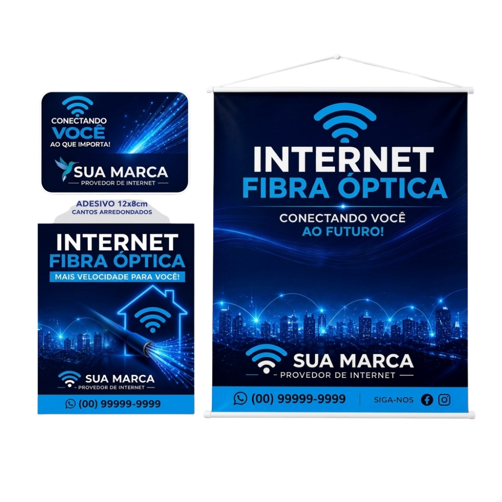 Kit com 200 adesivos para roteadores, 100 adesivos para caixas (poster) e 10 banners 50x70cm
