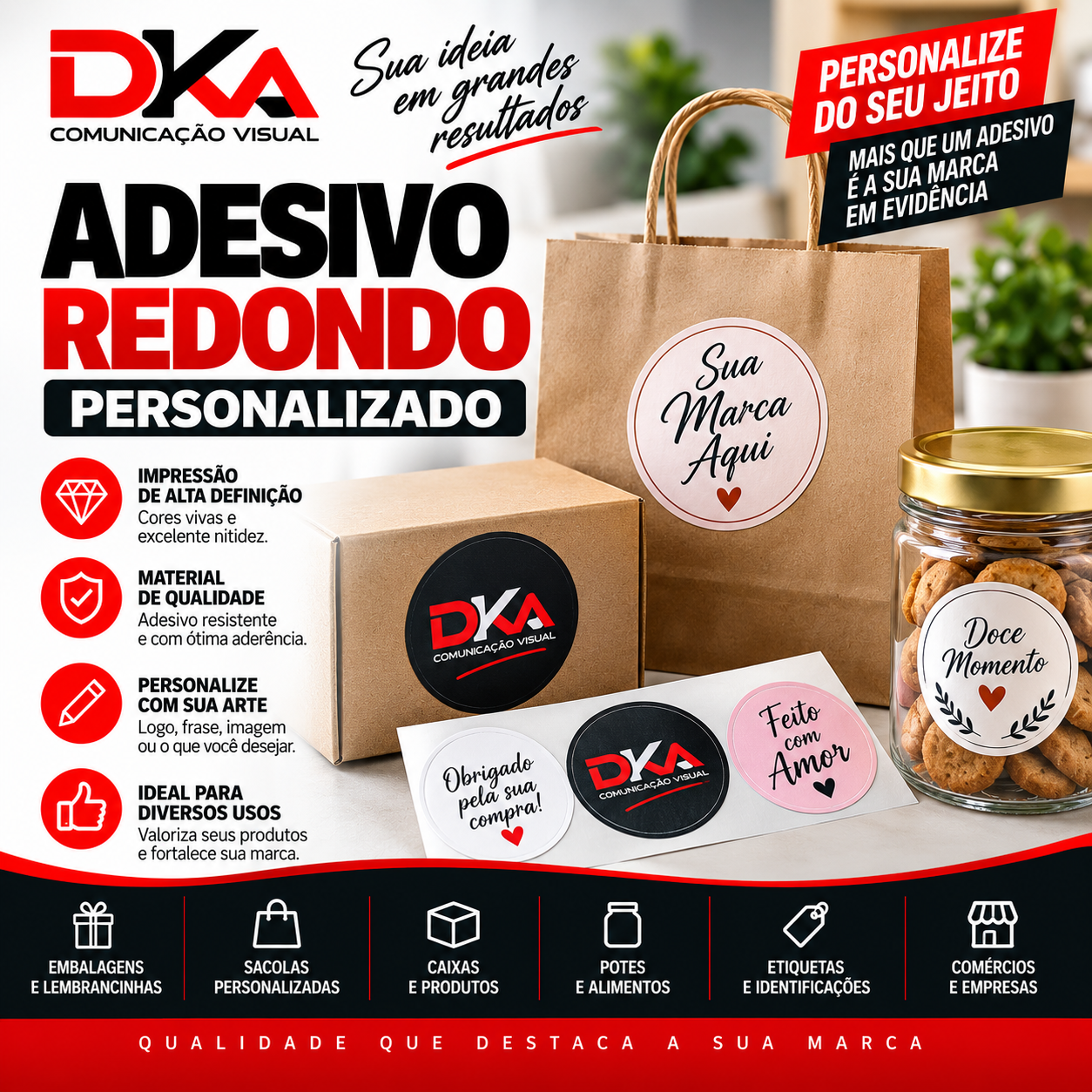Adesivo Redondo Personalizado 5x5 cm em Vinil Branco