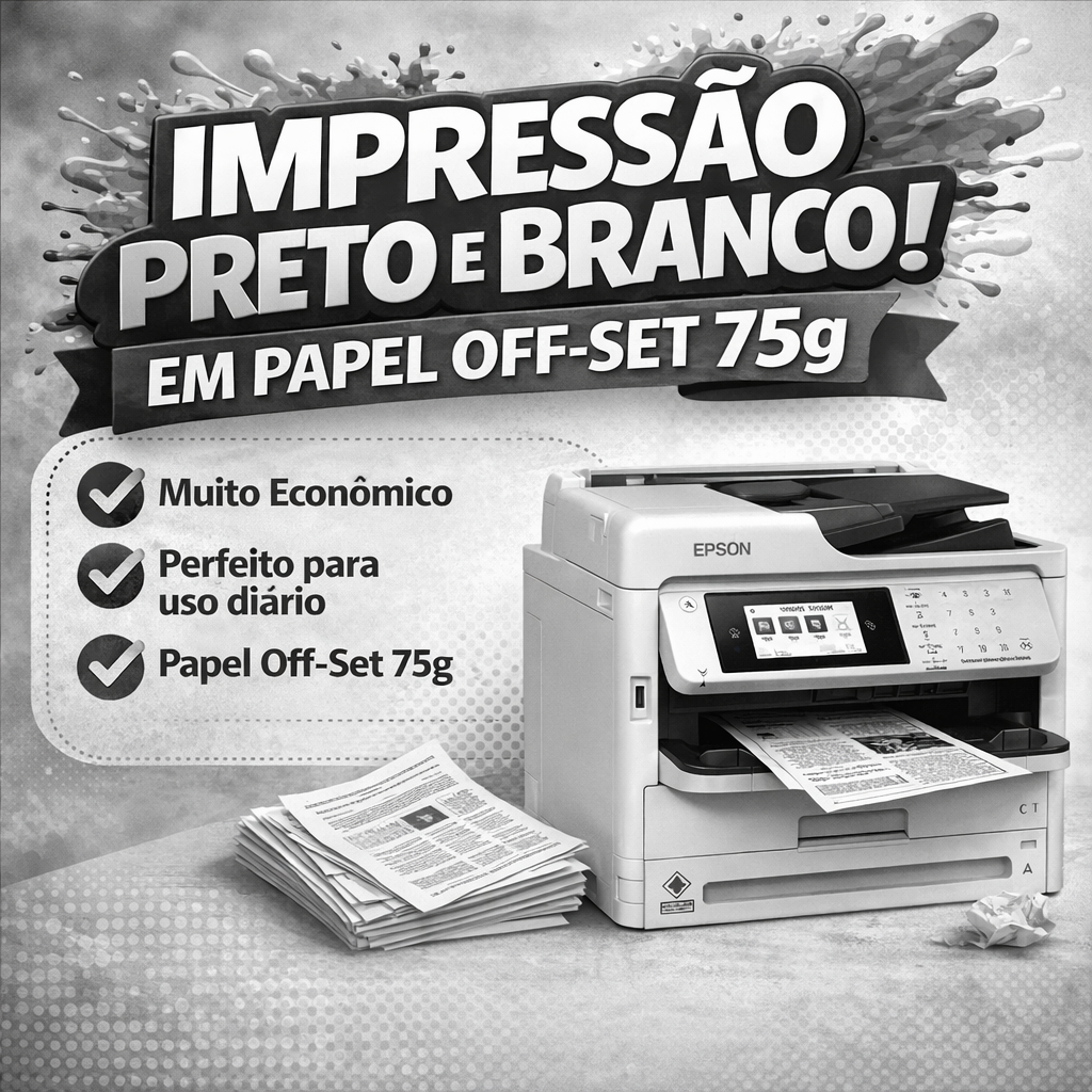 Impressão PB, A4,Tinta Pigmentada, Papel Off-set 75g - 1x0 cor